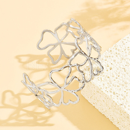 304 Stainless Steel Hollow Flower Outline Open Cuff Bangles for Women SA-CBABC9E-02P-1