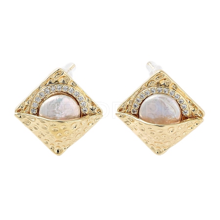 Rhombus Natural Pearl Stud Earrings with Brass Micro Pave Cubic Zirconia and 925 Sterling Silver Pins EJEW-P256-86G-1