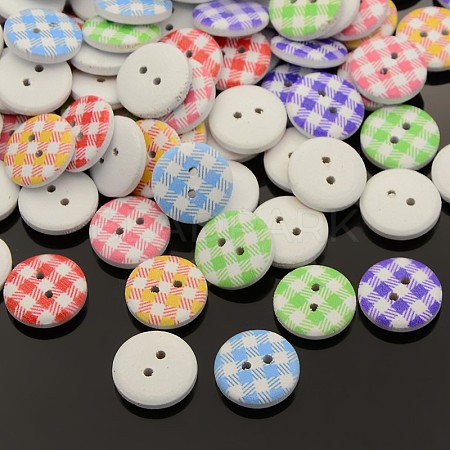 2-Hole Flat Round Tartan Pattern Printed Wooden Sewing Buttons BUTT-M006-M-1