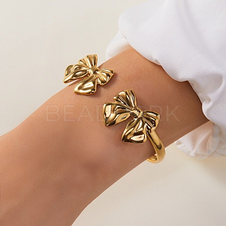 304 Stainless Steel Bowknot Cuff Bangles for Women BJEW-A154-03G-1