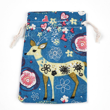 Flower Deer Printed Polycotton(Polyester Cotton) Packing Pouches Drawstring Bags ABAG-T004-10x14-37-1