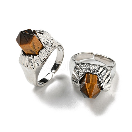 Hexagonal Prism Natural Tiger Eye Open Cuff Rings RJEW-B106-01P-06-1