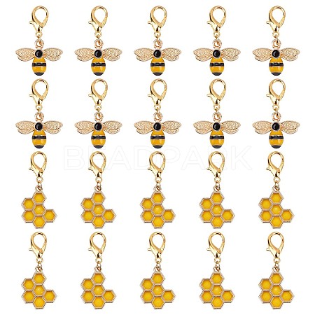 40Pcs 2 Style Alloy Enamel Honeycomb & Bees Pendant Decorations HJEW-SC0001-21-1