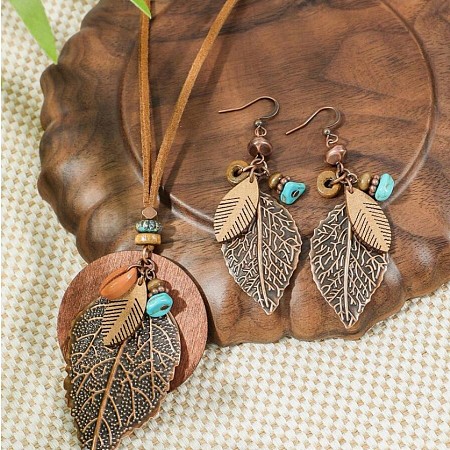 Bohemian Style Leaf Alloy & Wood Pendant Necklaces & Dangle Earrings Sets WG5D754-01-1