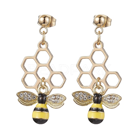 Brass and Alloy Bees & Honeycomb Stud Earrings EJEW-TA00489-1