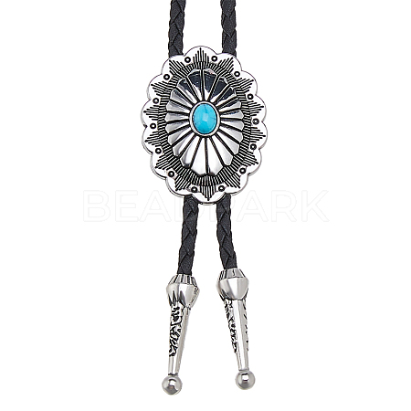 Adjustable Zinc Alloy Pave Synthetic Turquoise Oval Black PU Leather Cord Bolo Tie Lariat Necklaces NJEW-WH0035-04AS-1