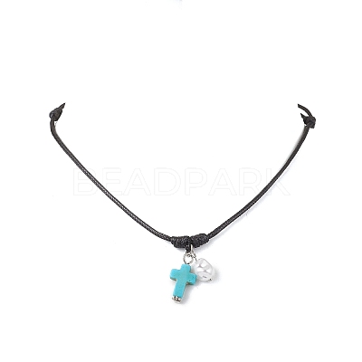 Adjustable Dyed Synthetic Turquoise with Round Plastic Imitation Pearl Cross Pendant Black Waxed Polyester Cord Necklaces for Women NJEW-JN05384-01-1