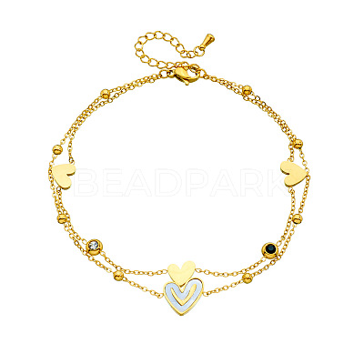 304 Stainless Steel Pave Clear and Black Cubic Zirconia & Natural White Shell Heart Pendant Double Layer Anklets for Women FS-WG8082B-01-1