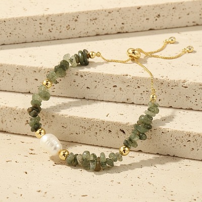 Natural Freshwater Pearl and Natural Green Fluorite Chip Beaded Adjustable Brass Box Chain Slider Bracelets for Women PS0343-5-1