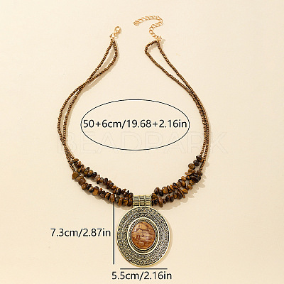Oval Alloy Pendant Natural Tiger Eye Chip Beaded Double Layer Necklaces for Women FS-WGEC68A-02-1