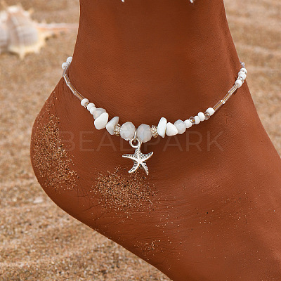 Natural White Jade Chips & Glass Beads Anklets WGE754A-02-1