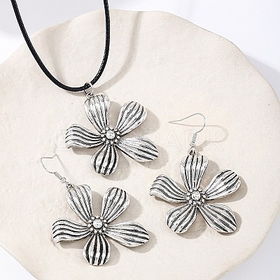 Flower Alloy Dangle Earrings & Wax Cord Pendant Necklaces Sets for Women FS-WG32CFB-02-1