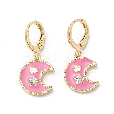 Moon & Star Real 18K Gold Plated Brass Dangle Leverback Earrings EJEW-L268-029G-02-1