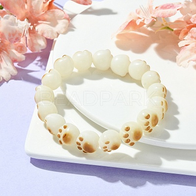 Cat Paw Print Natural Bodhi Root Beaded Stretch Bracelet BJEW-TA00457-1