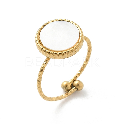 Flat Round 304 Stainless Steel White Shell Cuff Rings for Women RJEW-G346-10G-02-1
