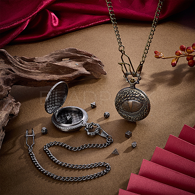 Vintage Alloy Flat Round Dragon Eye Pocket Watch with Brass Curb Chain AJEW-PH0007-67AB-1