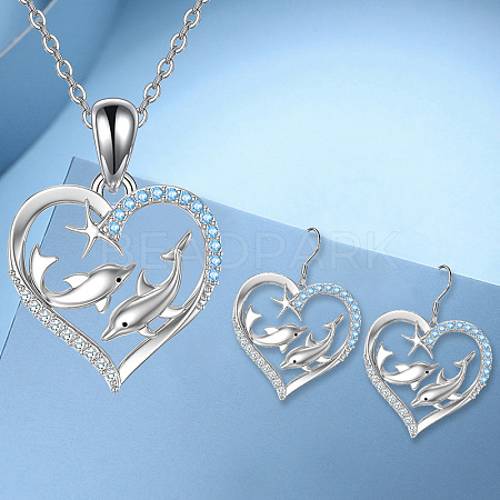 Heart with Dolphin Alloy Rhinestone Pendant Necklaces & Dangle Earrings Sets for Women FS-WGEAD9B-01-1