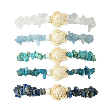 5Pcs 5 Styles Natural Quartz Crystal & Lapis Lazuli & Apatite & Aquamarine & Synthetic Turquoise Chip Beaded Stretch Bracelet Sets BJEW-JB10840-1