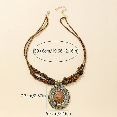 Oval Alloy Pendant Natural Tiger Eye Chip Beaded Double Layer Necklaces for Women FS-WGEC68A-02-1