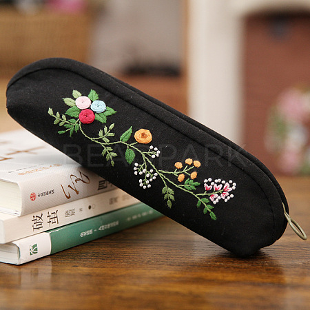 DIY Flower Pattern Cotton Pen Bags Embroidery Kit SENE-PW0003-070F-1