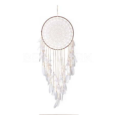 Handmade Round Cotton Woven Net/Web with Feather Wall Hanging Decoration HJEW-G015-02A-1