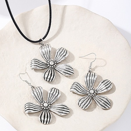 Flower Alloy Dangle Earrings & Wax Cord Pendant Necklaces Sets for Women FS-WG32CFB-02-1