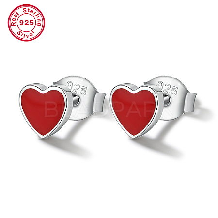 Anti-Tarnish Rhodium Plated 925 Sterling Silver Heart Stud Earrings with Red Enamel IB3221-1