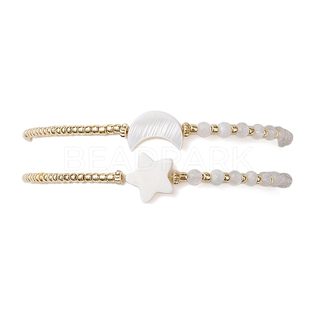 2Pcs 2 Styles Moon & Star Freshwater Shell & Natural Rainbow Moonstone Braided Bead Bracelet Sets BJEW-JB10531-1