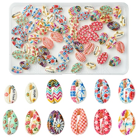 60Pcs 12 Styles Printed Natural Shell Beads BSHE-FS0001-08-1