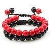 Adjustable Round Dyed Red Synthetic Turquoise & Obsidian Braided Bead Bracelet Sets MW1099-5-1