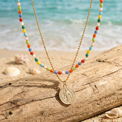 Boho Colorful Glass Seed Beaded Double Layer Necklaces with Stainless Steel Religion Saint Benedict Medal Pendant OL9548-1-1