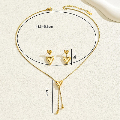 Sweet and Simple 201 Stainless Steel Heart Tassel Stud Earrings & Necklaces Set for Women EJ7179-1