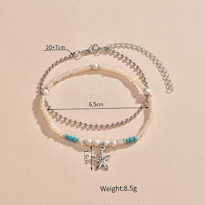 1Pc Starfish Alloy Charm Glass Seed Beaded Stretch Anklets and 1Pc Alloy Ball Chain Anklets FS-WGED47C-01-1