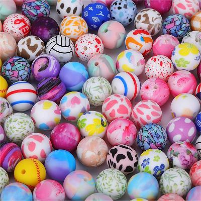 Printed Round with Deer Pattern Silicone Focal Beads SI-JX0056A-130-1
