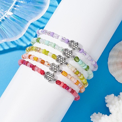 Alloy Tortoise & Glass Seed Braided Bead Bracelet BJEW-JB09750-1