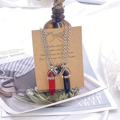 2Pcs Glass Double Faceted Pointed Bullet Pendant Couple Necklaces with Heart Magnetic Clasps FS-WG058EE-06-1