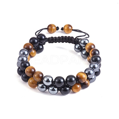 Natural Obsidian & Tiger Eye & Synthetic Hematite Braided Bead Bracelet BJEW-SW00001-22-1