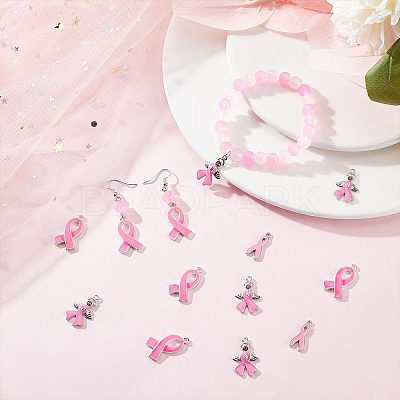 30Pcs 3 Style October Breast Cancer Pink Awareness Ribbon Alloy Enamel Pendants ENAM-SC0003-32-1