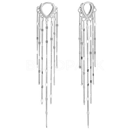 Rhodium Plated 925 Sterling Silver Chain Tassel Dangle Hoop Earrings JE1039A-1