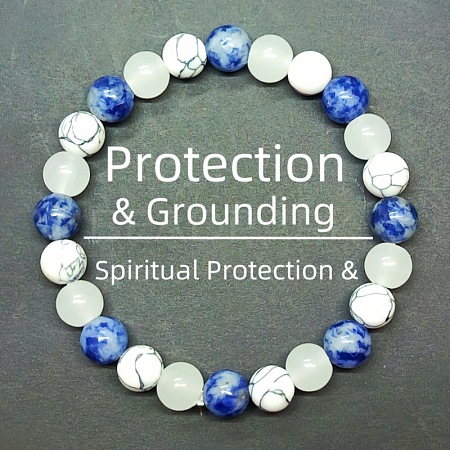 Round Natural Blue Spot Jasper & Synthetic Howlite & Glass Beads Stretch Bracelets for Girl Women FS-WGE0C43-11-1