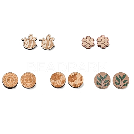 SUNNYCLUE Natural Wood Stud Earrings EJEW-SC0001-22P-1