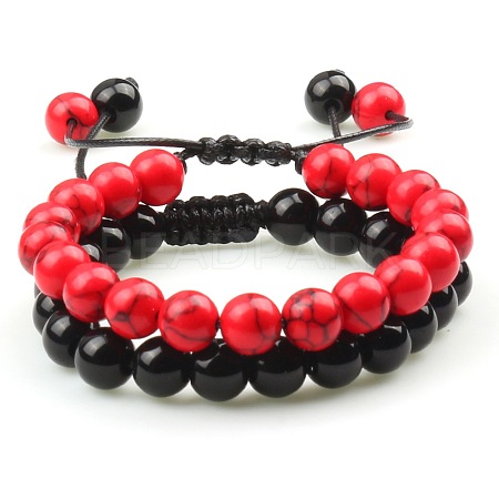 Adjustable Round Dyed Red Synthetic Turquoise & Obsidian Braided Bead Bracelet Sets MW1099-5-1