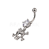 Piercing Jewelry Real Platinum Plated Brass Rhinestone Pirate Style Skull Navel Ring Belly Rings AJEW-EE0001-28-3