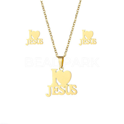 Word I Love Jesus 304 Stainless Steel Pendant Necklaces & Stud Earrings Sets FS-WGBBC94-01-1
