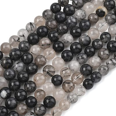 Natural Tourmalinated Quartz/Black Rutilated Quartz Beads Strands G-D361-01A-8-9mm-1