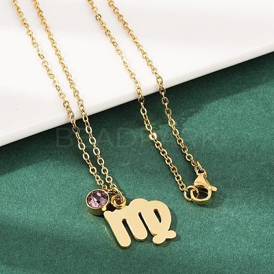 304 Stainless Steel Glass Drill Birth Stone Constellation Pendant Necklaces STAS-D305-08G-F-1