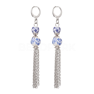 Handmade Flower Printed Porcelain Ceramic Beads Leverback Earrings EJEW-JE06893-1