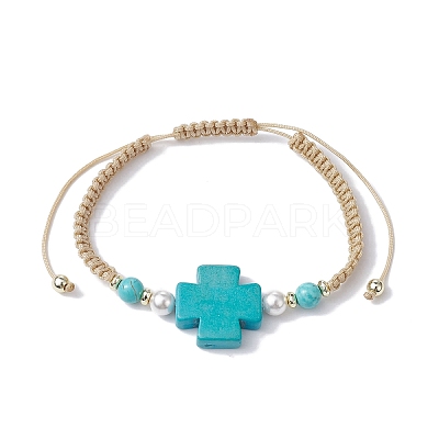 Synthetic Turquoise Cross & Imitation Pearl Braided Bead Bracelet BJEW-JB09743-1