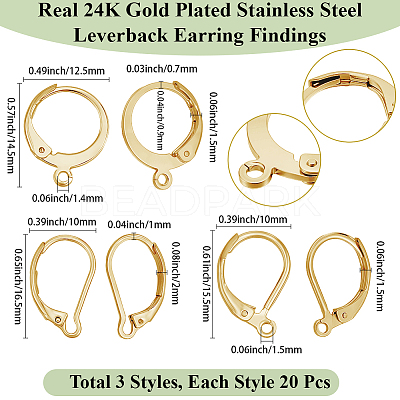 60Pcs 3 Styles 304 Stainless Steel Leverback Earring Findings STAS-BBC0008-30C-1