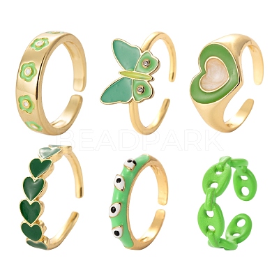 6Pcs 6 Style Spray Painted Brass & Brass Enamel & Micro Pave Cubic Zirconia Cuff Rings RJEW-LS0001-38-1